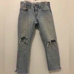 Levi's 501 T taper light wash button fly raw hem distressed ripped knees w27